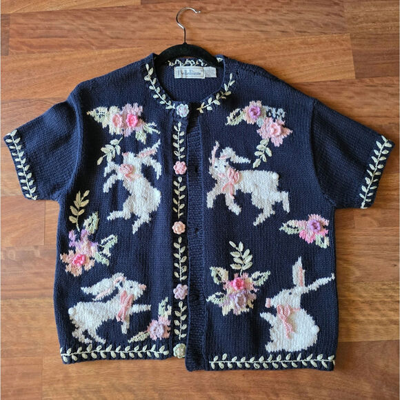 BellePointe Hand Embroidered Button up Sweater Rabbit Bunny Easter Size Large - Picture 1 of 8